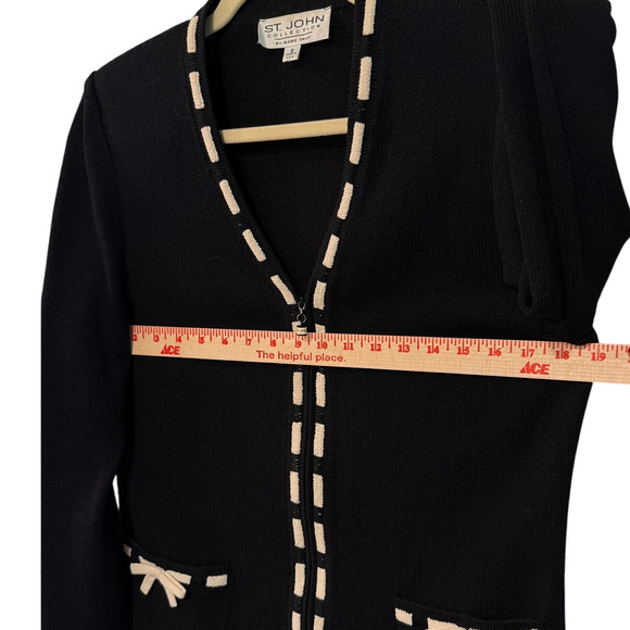 St. John 8 Santana Knit 100% Wool Cardigan Sweater Contrast Trim Jacket Black - Picture 8 of 9